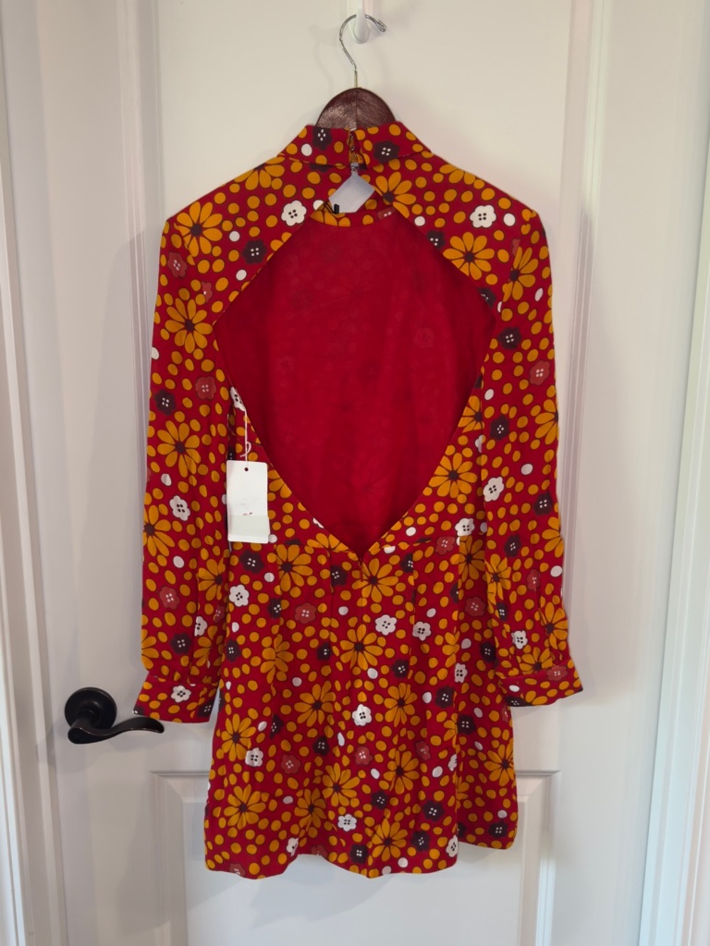 Saint Laurent Belted High Neck Flower Print Dress Red and Jaune - Picture 13 of 16